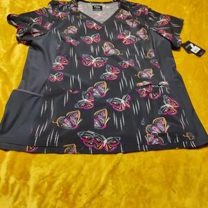 Cherokee Women's Butterfly Print Scrub Top - Gray and Pink